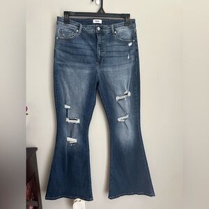 Ceros Stretch High Rise Distressed Flared Jeans Blue Size 32